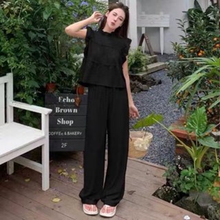 【3093人收藏】套裝女2024一整套圓領搭配無袖休閒高腰夏季上衣寬鬆兩件套闊腿褲