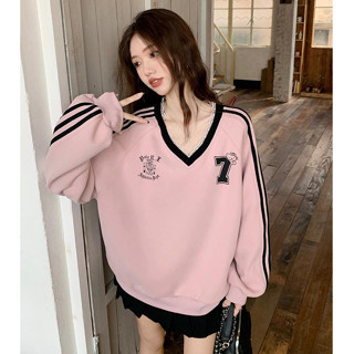 【Skoyo Luna】美式字母印花V領長袖衛衣 女裝早鞦灰色獨特蕾絲拚接 寬鬆休閒上衣 清純百搭禦姐風