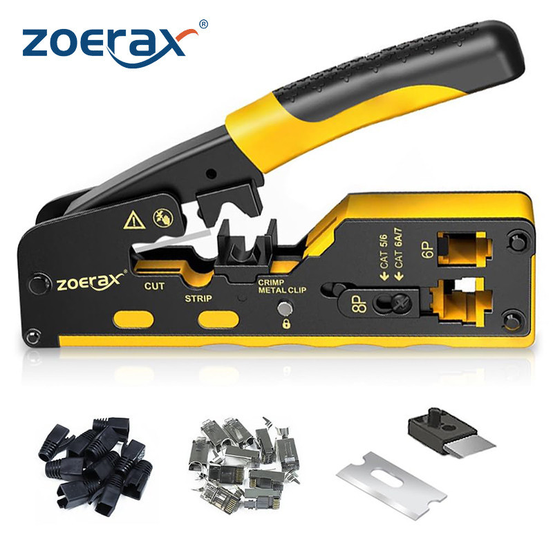 Zoerax 直通 RJ45 壓接工具,帶 10 件 Cat7 連接器和應變消除靴、以太網線切割器壓接器