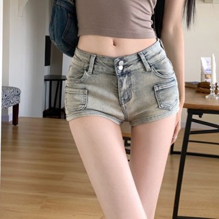 美式辣妹低腰牛仔超短褲女夏季緊身顯瘦包臀熱褲復古淺色直筒褲子