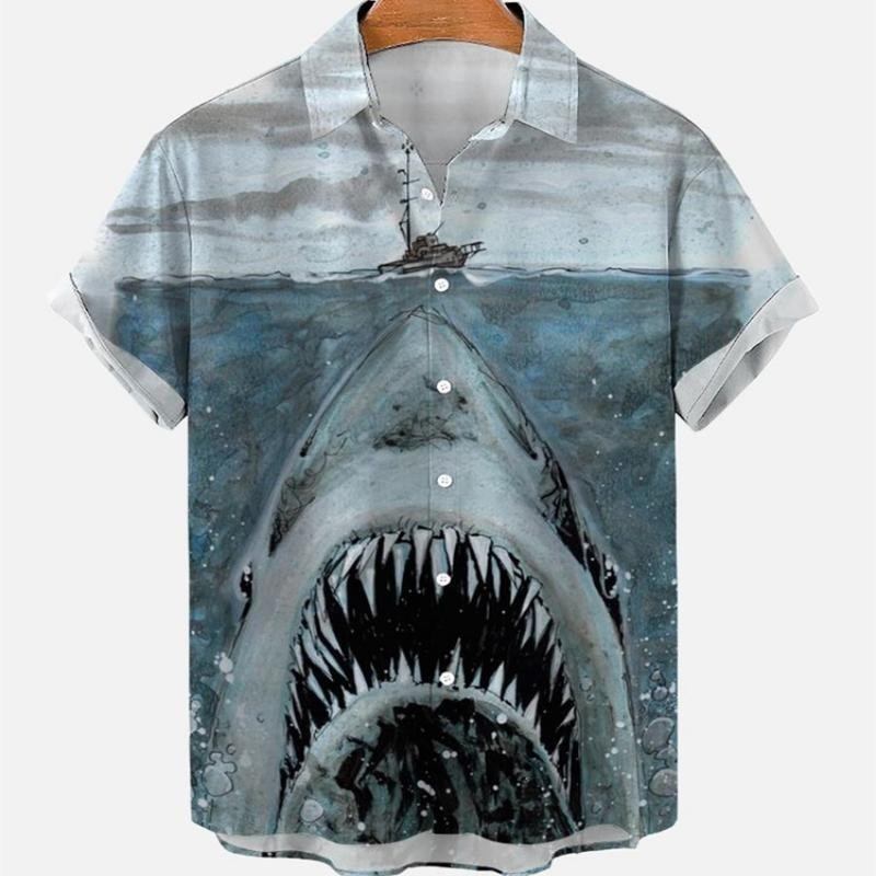 男士海洋鯊魚圖案超大夏威夷襯衫夏季原創時尚主題奢華復古達贊維京原宿服裝