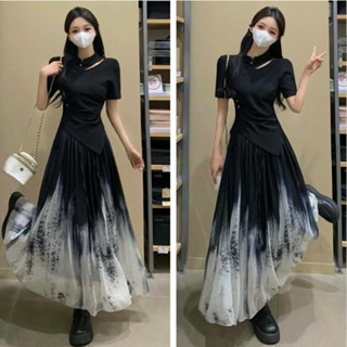 三天出貨-大尺碼 中式套裝 國風 長裙洋裝 甜美穿搭 法式少女 小眾設計感 短款上衣 遮肚 長裙套裝 胖妹妹穿搭 休閒