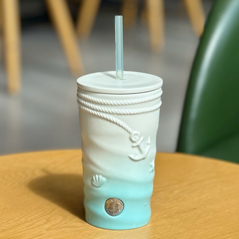 24H出售星巴克22週年慶杯子新款海藍立體海浪魚鱗人魚女神陶瓷咖啡吸管杯