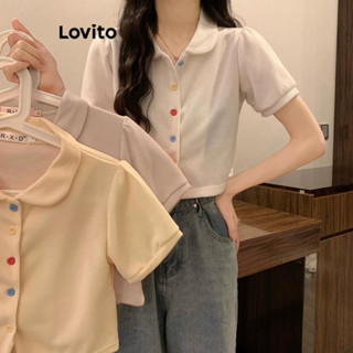 Lovito 女款休閒素色正面紐帶 T恤 LNA39039 (白色/粉色)