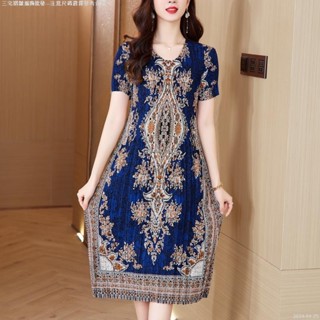 褶皺藍色大尺碼短袖洋裝圓領韓版寬鬆百褶裙-2024-04-25