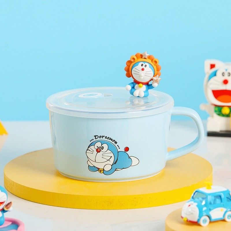 哆啦A夢保鮮碗 5.5英寸 微波爐可用 帶硅膠蓋 一人食泡麵杯 密封 陶瓷杯碗 禮品