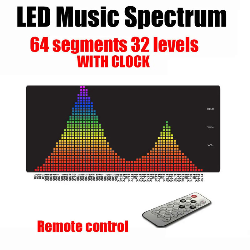 P4 64*32 LED 音樂頻譜電平指示器 CLOCK 顯示遙控節奏分析儀 VU 表 POWRE 放大器環境光