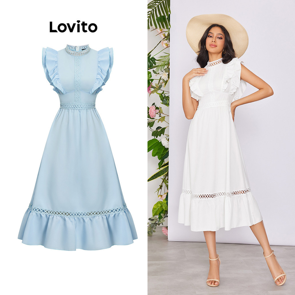 Lovito 女式休閒素色荷葉邊蕾絲麵料拼接洋裝 LBE02102（白色）