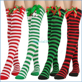 Esp 條紋過膝襪蝴蝶結聖誕紅綠長襪女士條紋襪大腿襪