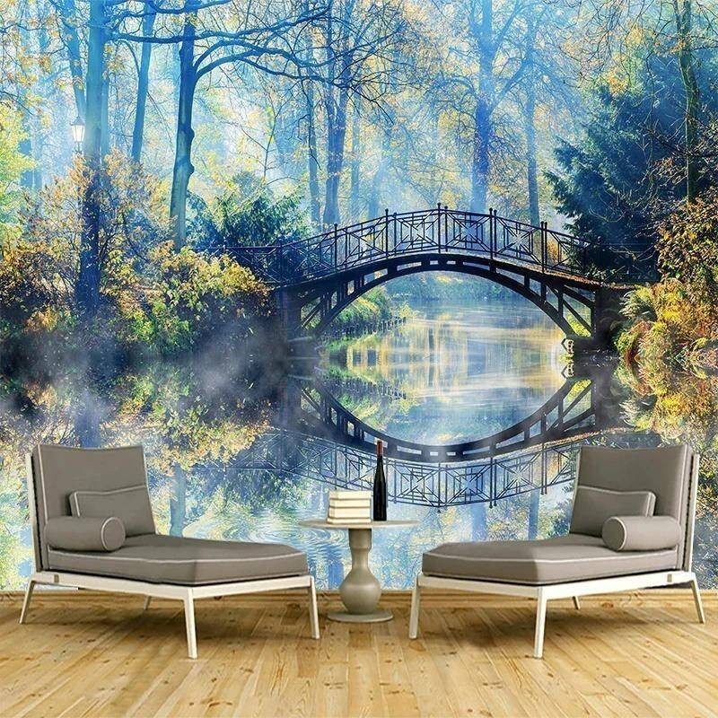 定制森林木橋倒影湖自然景觀3d照片壁紙壁畫客廳臥室沙發背景牆紙家居裝飾貼紙