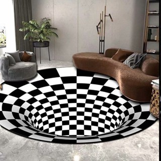 眩暈地毯北歐現代簡約ins小清新黑白3D立體格子地毯客廳卧室家用圓形地墊ins搞怪地毯