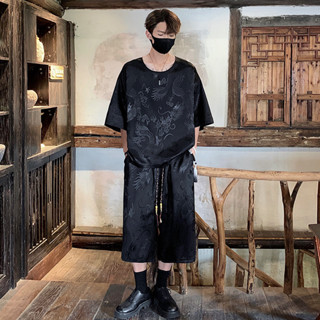 亞麻冰絲套服男上衣+褲子國潮民族風盤扣復古龍紋刺繡棉麻套服服棉麻短袖T恤棉麻休閒褲唐裝漢服茶服居士服禪服太極服