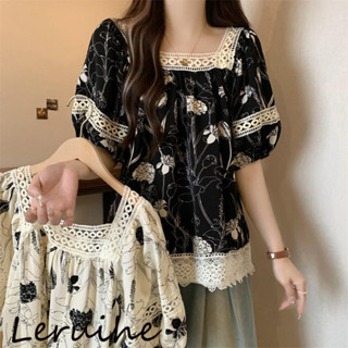 L-4XL 大尺碼女裝 短袖上衣 韓版夏季上衣 法式碎花雪紡襯衫 蕾絲拼接短袖 寬鬆方領娃娃衫 WSMU