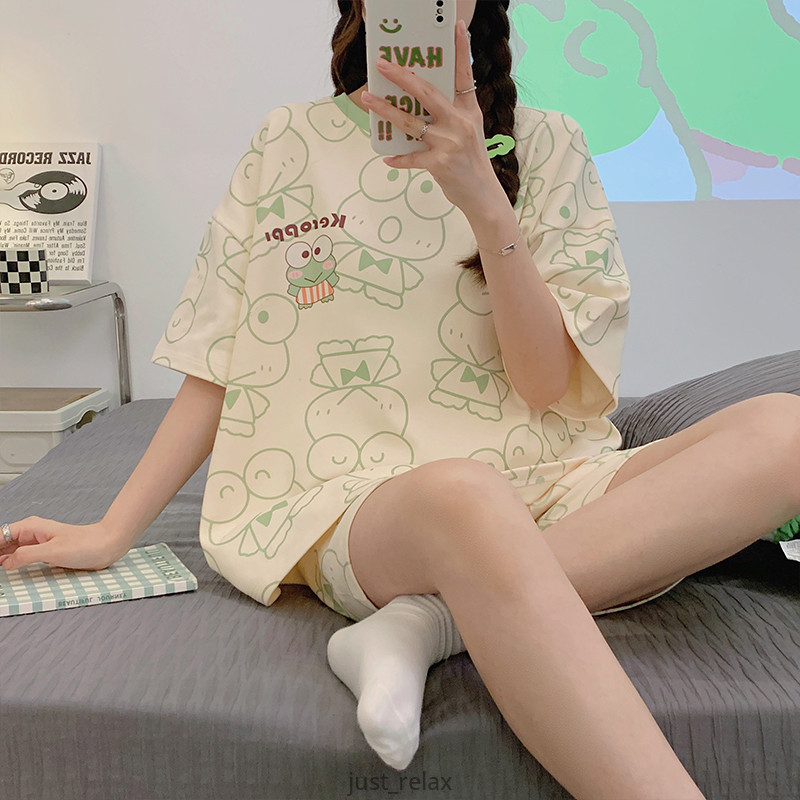 超可愛 大眼蛙睡衣 大尺碼睡衣 夏天睡衣 居家服 女睡衣 可愛睡衣 Keroppi 睡衣套裝 家居服 短袖睡衣 兩件式睡