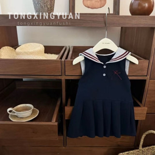 【全店免運】女童洋裝 女童夏季洋裝 女童海軍領甜美學院風蝴蝶結背心百褶裙子