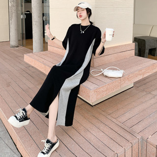 夏季新款胖mm1-150kg寬鬆短袖拼接洋裝大尺碼顯瘦過膝中長裙女