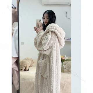 睡衣 珊瑚絨 毛絨睡袍 簡約條紋珊瑚絨睡衣女秋冬款保暖加絨加厚長款過膝法蘭絨連帽睡袍