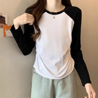 小麥🎀+2025早春新款秋冬季新款設計感小眾圓領抽繩正肩短款上衣修身顯瘦長袖打底T恤