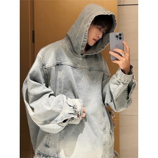 【HOT 本舖】男裝 美式復古痞帥連帽牛仔外套男春秋款潮高階感新款休閒寬鬆上衣