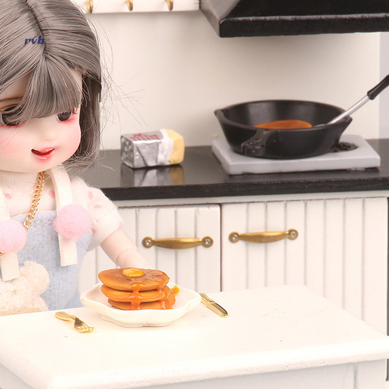 華麗 1套1:12娃娃屋微型蜂蜜鬆餅鐵鍋叉黃油廚具模型廚房烹飪裝飾玩俱全新