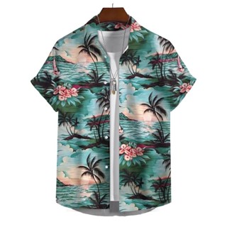夏季休閒派對男士襯衫上衣夏威夷椰子樹加大碼襯衫上衣