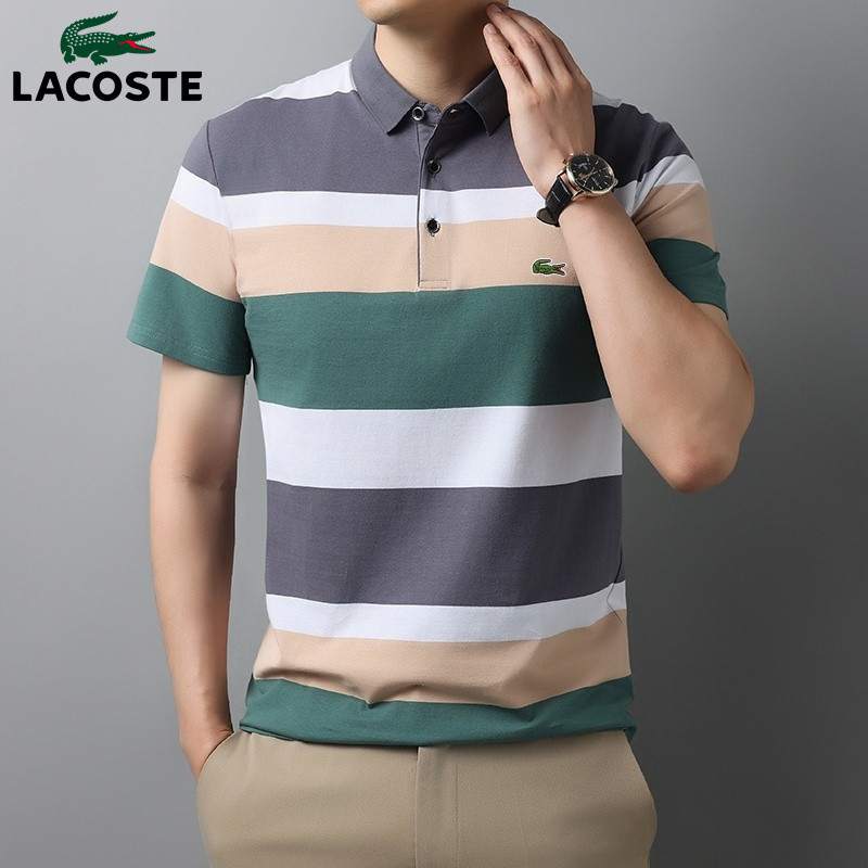 Lacoste夏季新款高品質男士條紋短袖T恤全棉薄款商務翻領男裝polo衫男款833 M-4XL