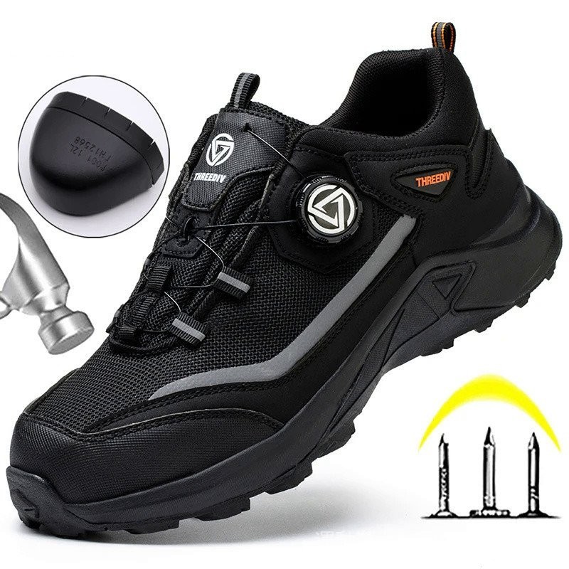 旋轉鈕扣工作鞋男耐磨安全鞋優質男靴鋼頭鞋透氣防護鞋pbgw