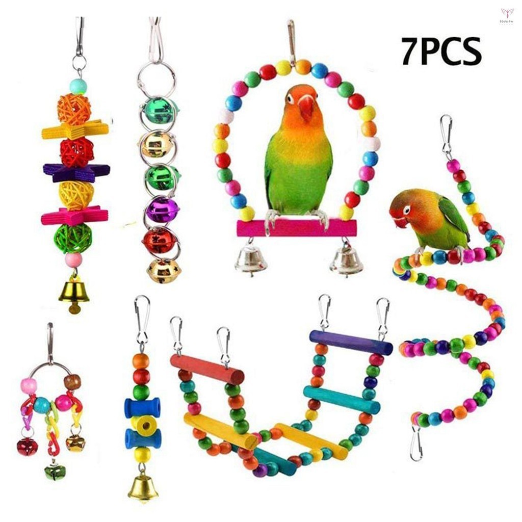 7 件裝鸚鵡玩具套裝各種鳥籠配件的玩具鸚鵡、鸚鵡等的安全耐用的鳥類玩具,吸引五顏六色的木製玩具的鳥類注意力