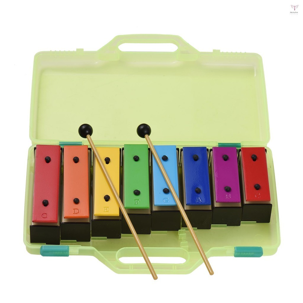 8 音符木琴彩色鍾琴可拆卸彩虹色金屬板共鳴鈴帶塑料槌綠色外殼打擊樂器音樂玩具兒童禮物