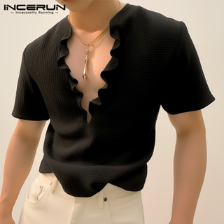 Incerun 男士韓版時尚荷葉邊下擺短袖休閒 T 恤