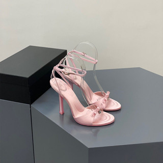 F2IB 2023年新款夏蝴蝶結綢緞高跟鞋女性感水鑽字母細跟露趾涼拖鞋粉色