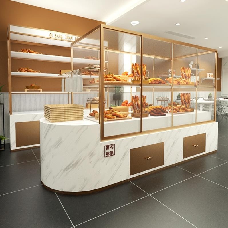 【臺灣專供】蛋糕店面包櫃麵包展示櫃大理石面面包展示櫃弧形強化玻璃多層貨架