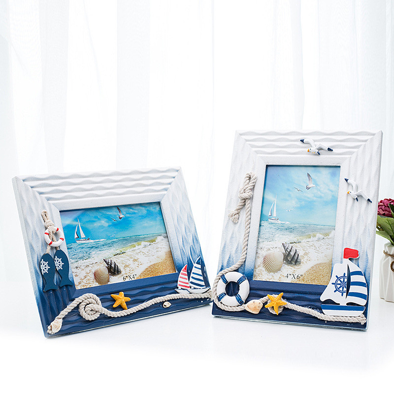 地中海藍白實木擺臺框架兒童房擺飾供應個性照相館7寸6寸海洋相框