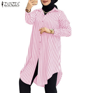 Zanzea 女士穆斯林日常休閒條紋翻領弧形下擺長袖襯衫