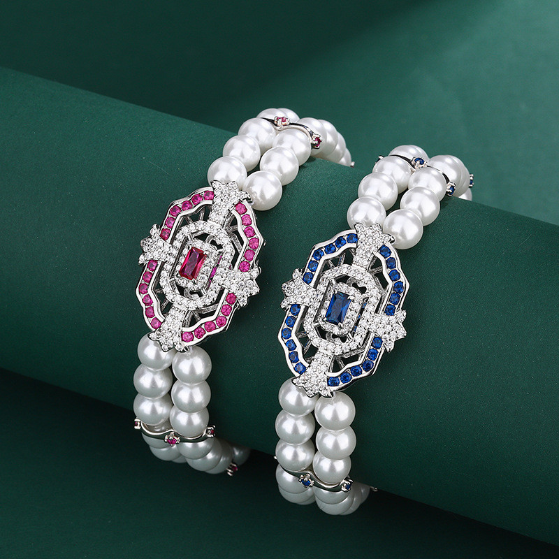 精緻復古雙排珍珠紅剛玉手鍊 藍尖晶方形鑲鑽手鍊奢華彩鑽珍珠手鍊