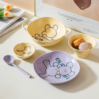 清新萌趣可愛卡通小熊彩釉陶瓷餐具 學生兒童飯碗味碟 麵湯碗 勺子一人食套裝
