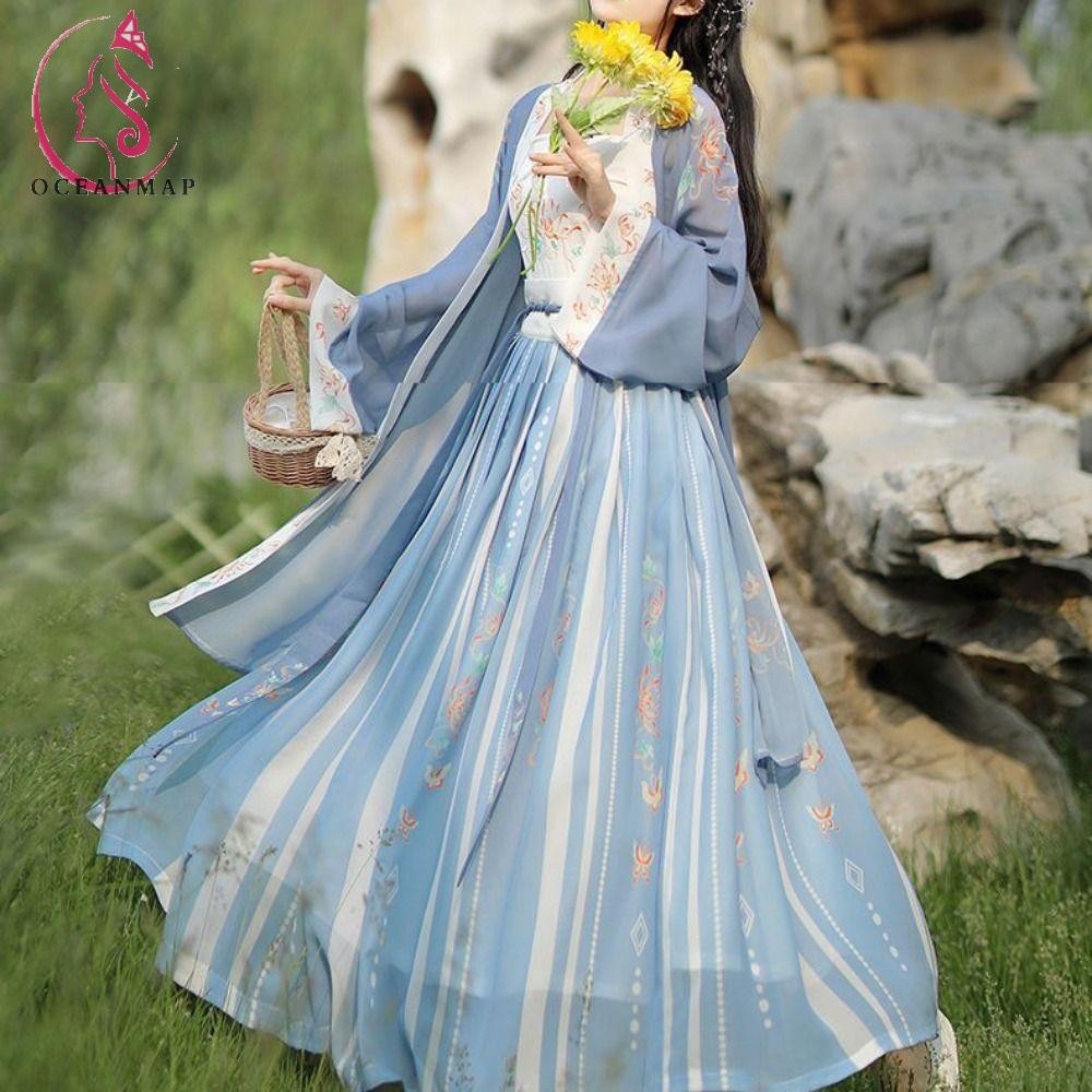 OCEANMAP古代服飾時尚傳統對於女性仙女連衣裙刺繡照片道具中式服裝