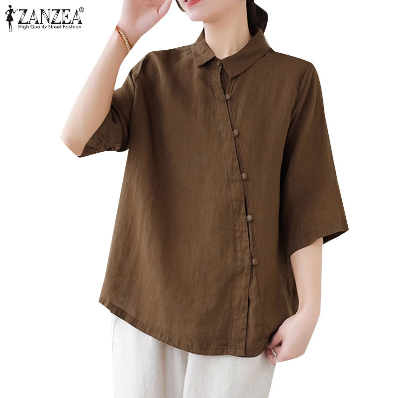 Zanzea 女式韓版休閒襯衫領純色寬鬆 3/4 袖襯衫
