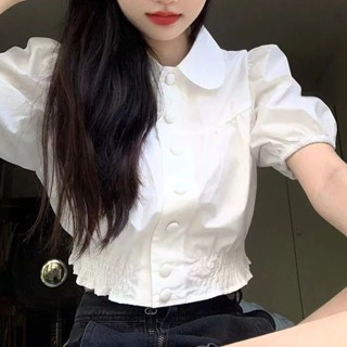 💖臺灣出貨💖泡泡袖襯衫 短袖襯衫 短版上衣 女裝 白色泡泡袖短袖短款襯衫上衣女夏季款高級感獨特法式別致小襯衫衣
