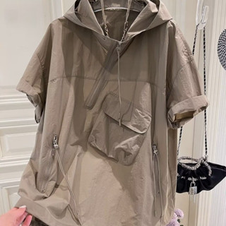M-8XL 大尺碼 短袖 最新設計感工裝帽T男 半拉鍊口袋上衣 工作上衣 簡約短袖連帽衣 五分袖 加大尺碼男生夏天衣服