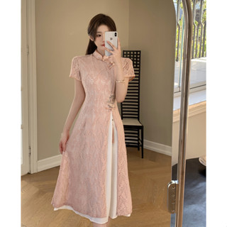【桃喜Rich現貨】大碼女裝 胖mm中國風改良旗袍女 夏季新款年輕款旗袍 少女蕾絲旗袍 高階氣質粉色連衣裙子 粉色旗袍
