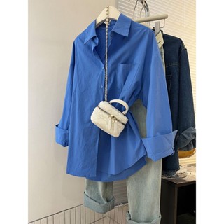 Chic☀【2萬人收藏】藍色襯衫女春秋2024新款設計感小眾休閒寬鬆迭穿長袖襯衫外套上衣減齡襯衫 春天女裝 OL打底衫