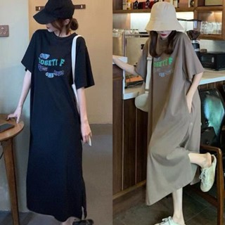 L-4XL 大尺碼洋裝 連身裙 大碼女裝 300斤短袖T恤裙 寬松顯瘦遮肉長款過膝 連衣裙