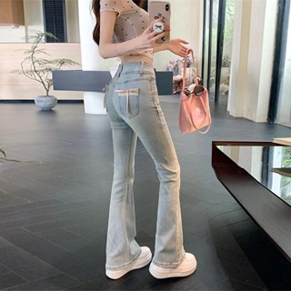 淺藍色設計感小眾微喇叭牛仔褲女 女生薄款長褲 高腰牛仔褲 高腰喇叭褲 顯瘦馬蹄褲子 拖地長褲 彈力褲 小個子女裝 九分褲