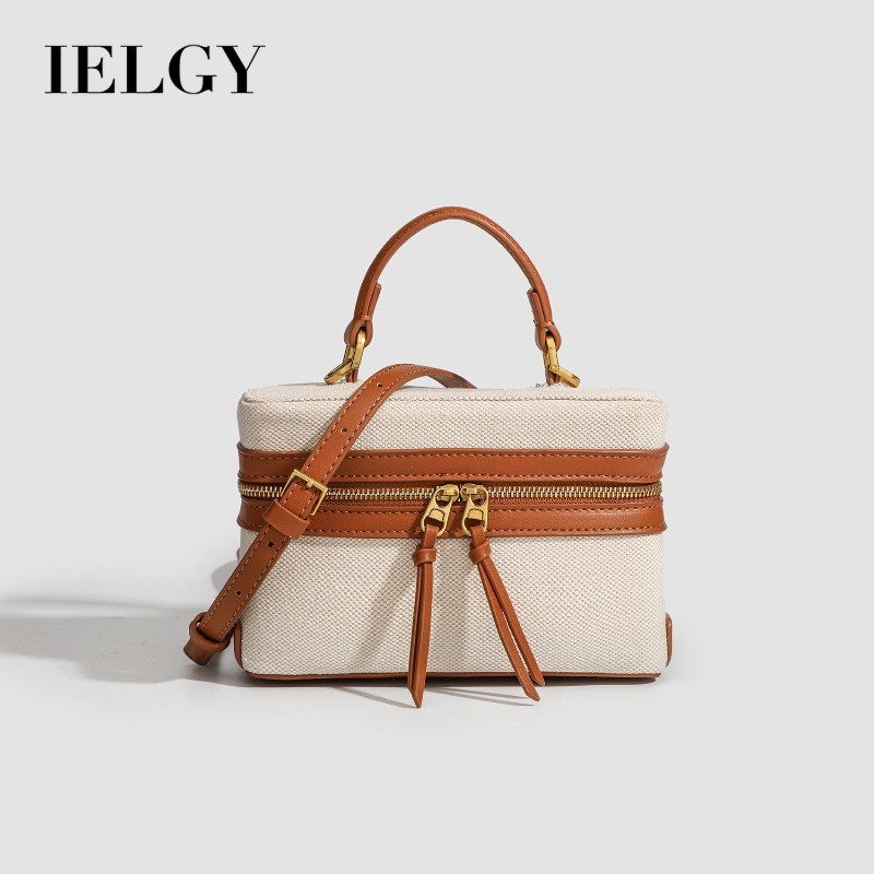 IELGY 復古帆布拼接盒子包 百搭通勤手提單肩斜背包
