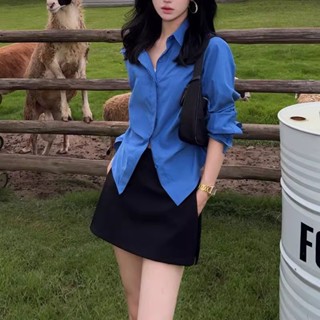 【HOT 本舖】 克萊因藍襯衫女長袖春秋季疊穿內搭打底襯衣法式掐腰修身收腰上衣