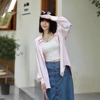 【HOT 本舖】 韓系甜美粉色條紋襯衫女春夏薄外套小眾設計感內搭上衣長袖襯衣服