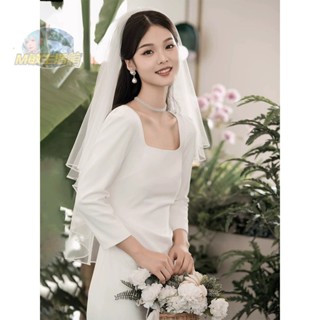 法式方領新娘禮服臺灣熱銷長袖修身訂婚宴白色小禮服洋裝