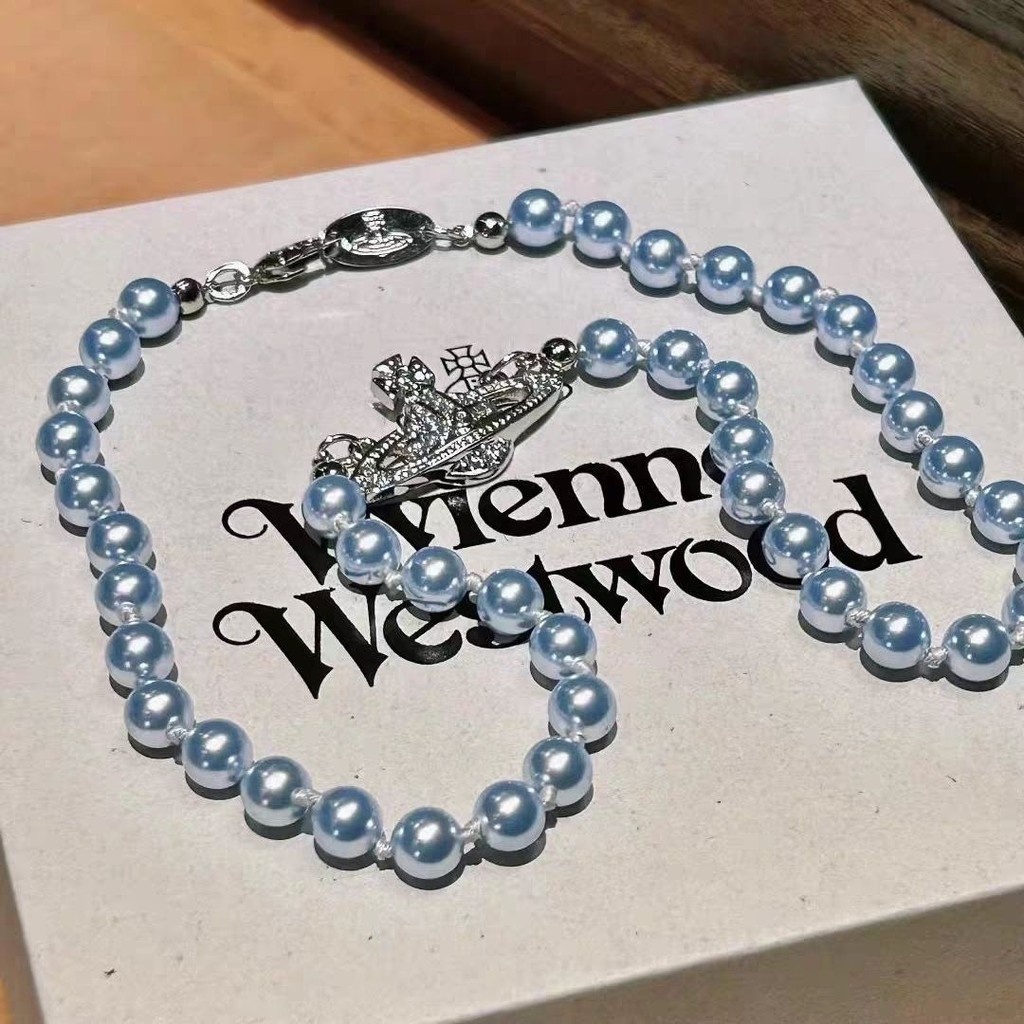 Vivienne Westwood 新款藍色珍珠土星別針手鍊項鍊