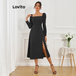Lovito 女士復古點點結構線條布料拼接洋裝 LBL10078